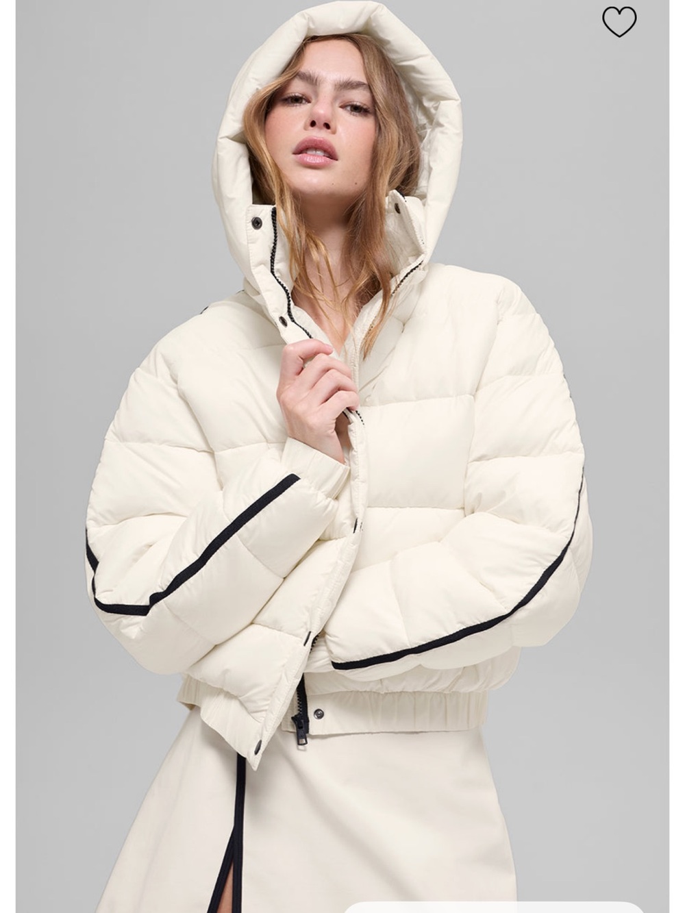 ALO Yoga Cream Hooded Puffer Jacket with Black Trim